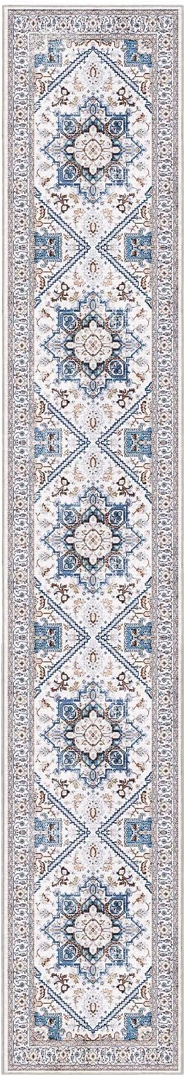 OPPODREAM Thin Entryway Rug 2x12, 2x12 Rug Runner, Neutral Washable Hallways Carpet 2 x 12 with Non Slip Backing, Low-Pile Bedside Carpet 2 x 12, Long, Faux Cashmere, Cream White & Blue & Light Brown