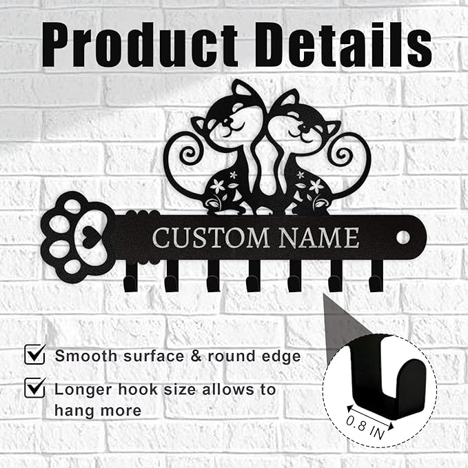 Cat Key Holder with Custom Name & Hooks - Personalized Metal Key Rack Wall Mount Art Decor for Bedroom Doorway Office