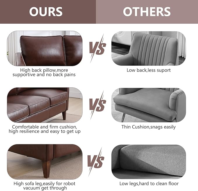 EBELLO 77” Mid Century Modern Sofa Couch, 3 Seater Faux Leather Couches for Living Room, Soft Padded Comfy Cushion, Small Sofa for Small Spaces, Bedroom, Apartment, Dark Brown