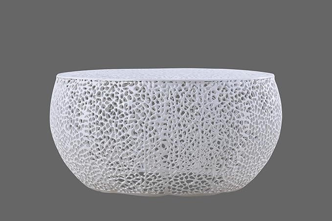 Modern Contemporary Round 32" Coffee Table, Solid Aluminum intrigued Design, Drum Shaped Mesh Cocktail Table, Creative Center Table for Living Room and Bedroom, Casted in White