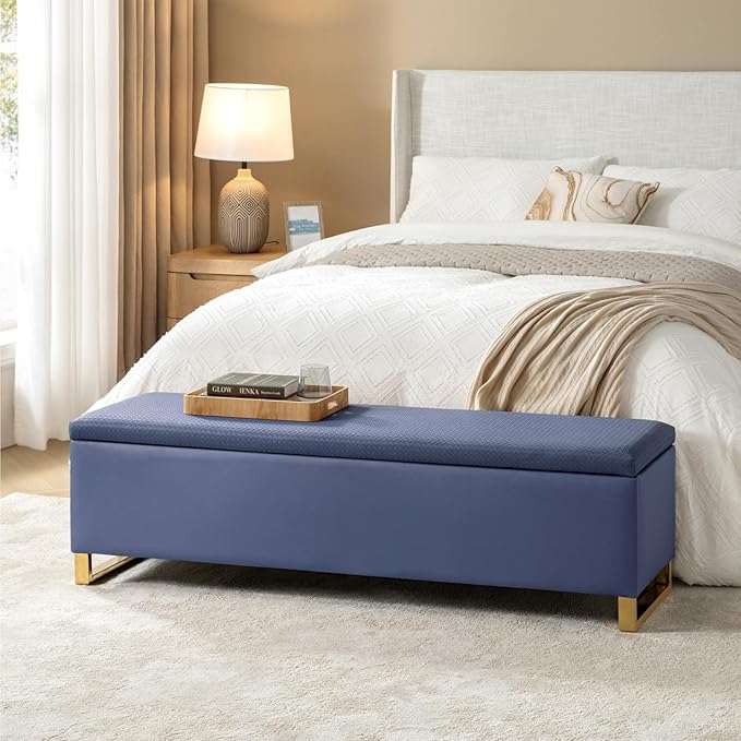 EcoHarbor Living Storage Ottoman Bench with Throw Ottomans, Modern End of Bed Bench, Upholstered Footrest Stool with Gold Legs for Living, Bedroom, Entryway and Hallway(Navy 60inch)
