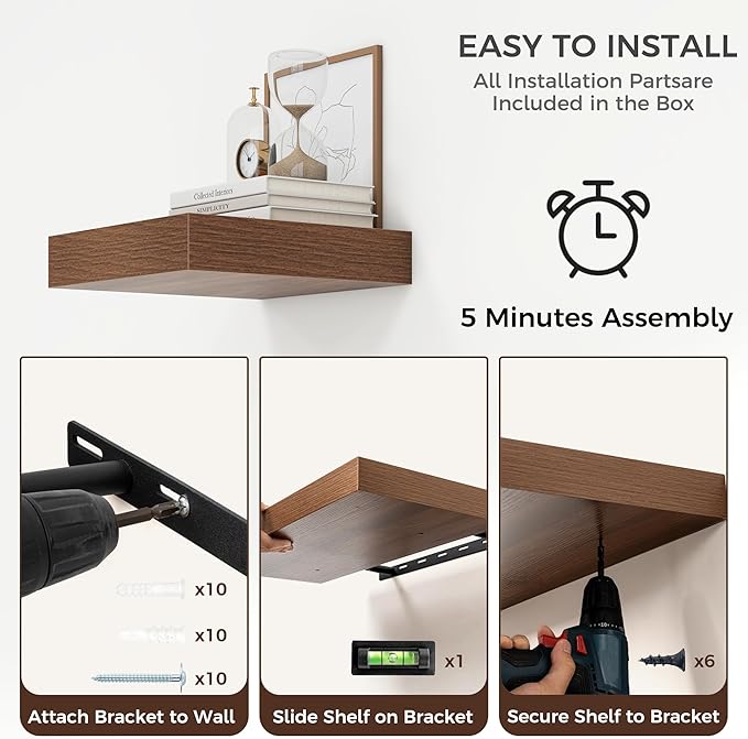 Square Floating Shelves for Wall, 12" W x 12" D x 2" H, 2 Pack, Small Wall Mounted Engineered Wood Shelves with Invisible Brackets for Living Room, Bedroom, Bathroom, Kitchen Decor, Walnut