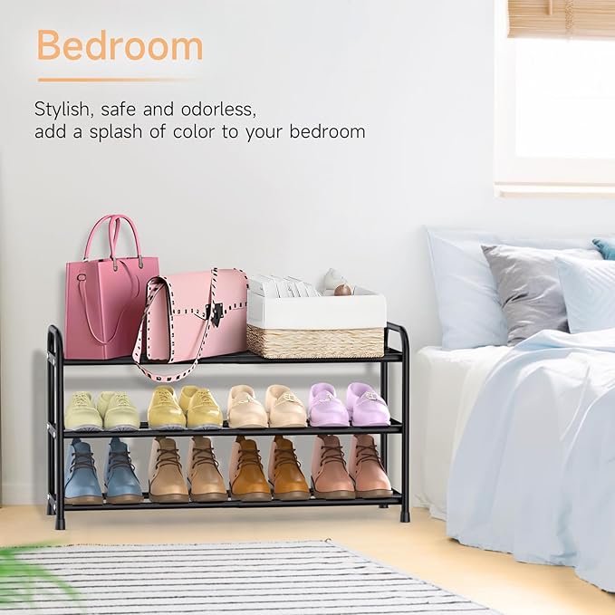 3 Tier Expandable Shoe Rack, Adjustable Shoe Shelf Storage Organizer, Black Shoe Organizer for Closet, Free Standing Shoe Rack for Entryway, Closet, Doorway, Garage