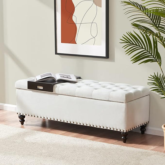HUIMO 51-inch Storage Ottoman Bench with Removable Tray, Bedroom Bench with Button-Tufted, Safety Hinge Ottoman in Upholstered Fabrics, Large Long Bench for Living Room, Bedroom (Ivory)