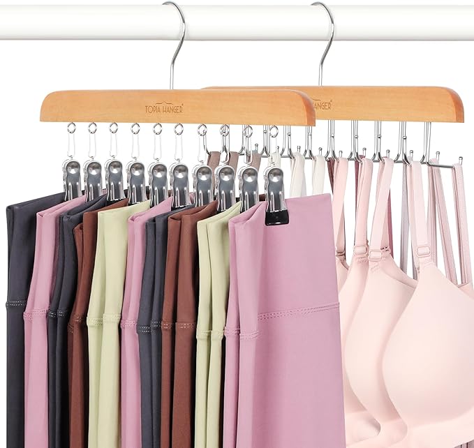 TOPIA HANGER 2 Pack Bra Hanger with Leggings Organizer, 2-in-1 Space Saving Hangers Neatly Store Max 20 Bras and 10 Leggings, Pants Jeans Shorts Skirt Tank Top Hanger for Closet Women Natural CT76N