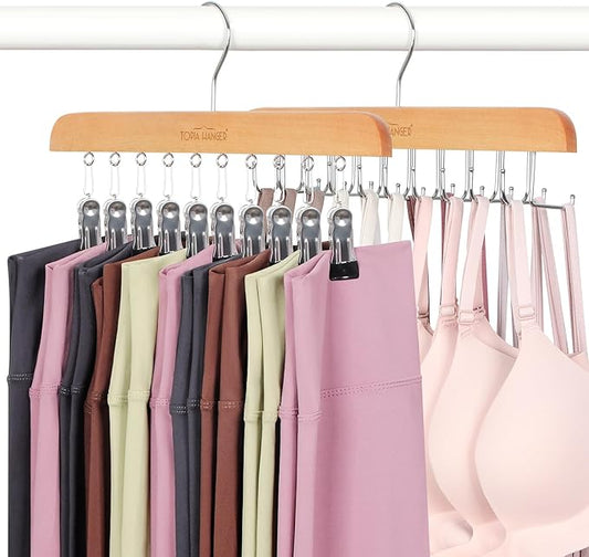 TOPIA HANGER 2 Pack Bra Hanger with Leggings Organizer, 2-in-1 Space Saving Hangers Neatly Store Max 20 Bras and 10 Leggings, Pants Jeans Shorts Skirt Tank Top Hanger for Closet Women Natural CT76N
