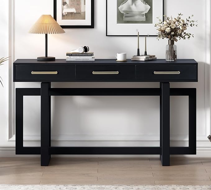 57” Entryway Console Sofa Table with Storage Drawers, Long Narrow Behind Couch Furniture for Living Room, Entrance, Hallway, Front Door, Black
