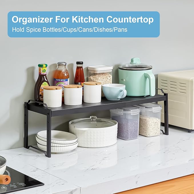 4 Pack Kitchen Cabinet Shelves Organizers, Kitchen Counter Storage Shelf Spice Rack, Expandable Length, Adjustable Height, Stackable, Sturdy 30LBS Bearing, Small Cupboard Tabletop Organizer Shelf Rack