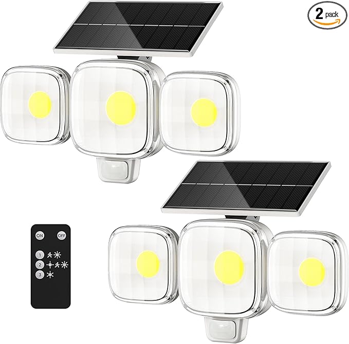 CINOTON Solar Motion Sensor Outdoor Lights, 3 Modes LED Security Flood Light with Remote Control, IP65 Waterproof Solar Powered Outside Wall Lighting for Garden Porch Garage Yard Driveway White 2 Pack