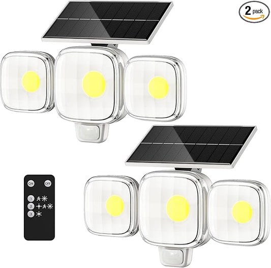 CINOTON Solar Motion Sensor Outdoor Lights, 3 Modes LED Security Flood Light with Remote Control, IP65 Waterproof Solar Powered Outside Wall Lighting for Garden Porch Garage Yard Driveway White 2 Pack