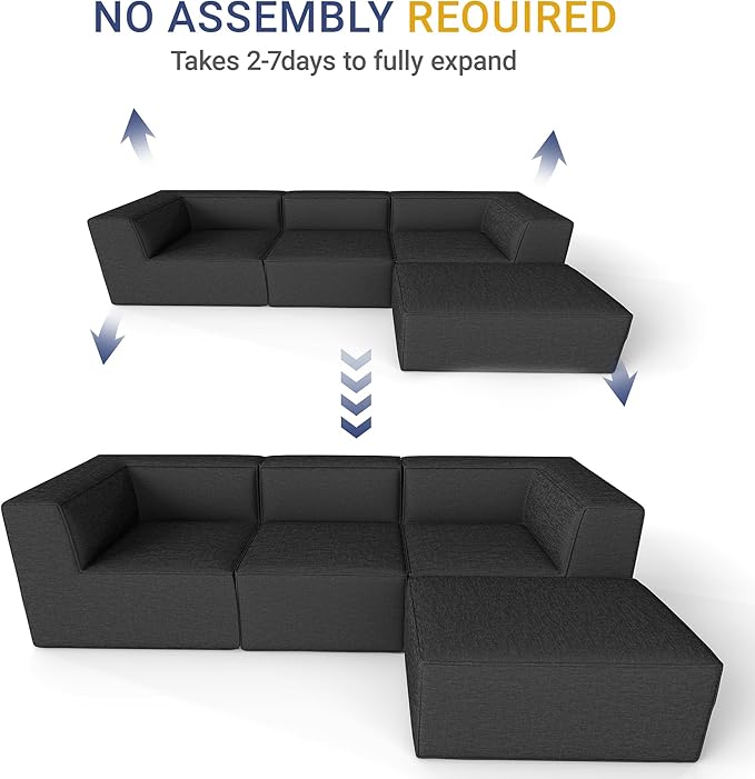 106" Sectional Compressed Sofa Modular Couches L-Shape with Chaise,High-Density Foam No Assembly Required,4-Piece(2xCorner 1xArmless 1xOttoman) for Living Room Chenille Dark Grey
