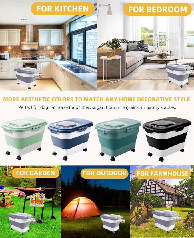20-23LBS Collapsible Dog Food Storage Container, Pet Dog Pantry Large Containers Bin with Wheels,Scoop and 1pcs Food Storage Containers, Kitchen Cereal Flour Rice Leakproof Dry Holder