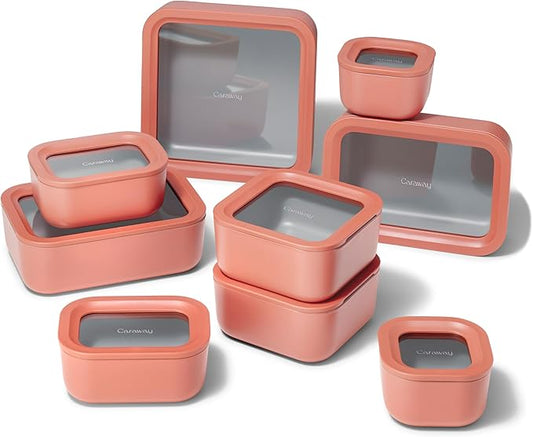 Caraway 22pc Glass Food Storage Set - Storage Containers for Food - Non-Toxic Ceramic-Coated Glass - Air Release Technology - Compact & Stackable Design - Perracotta