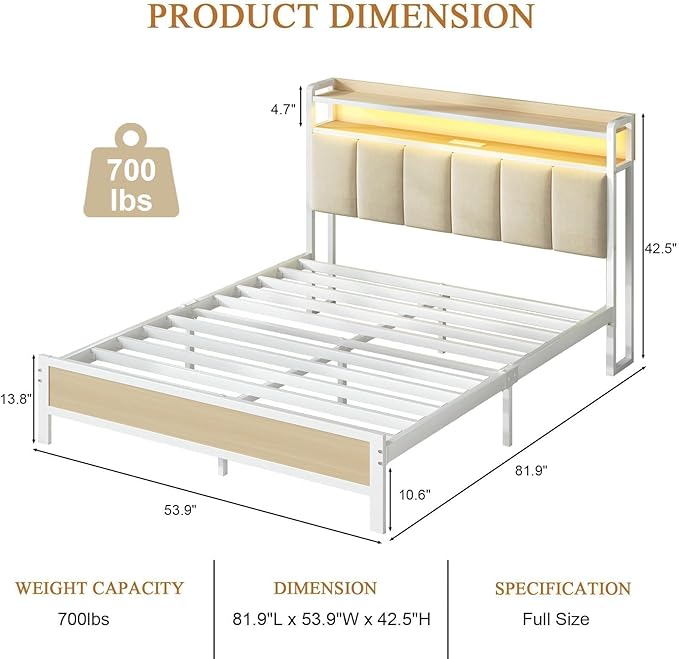 Full Size Bed Frame with Storage Headboard, Metal Platform Bed Frame Full with LED Lights and Charging Station, Heavy Duty Metal Slats, No Box Spring Needed, Easy Assembly, Beige