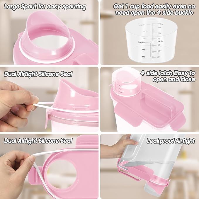 5-7Lbs Dog Cat Food Storage Container with Upgraded Large Nozzle BPA-free, 4 Snap Seals Plastic Pet Food Storage Containers with Handles (1, Light Pink, 5L)