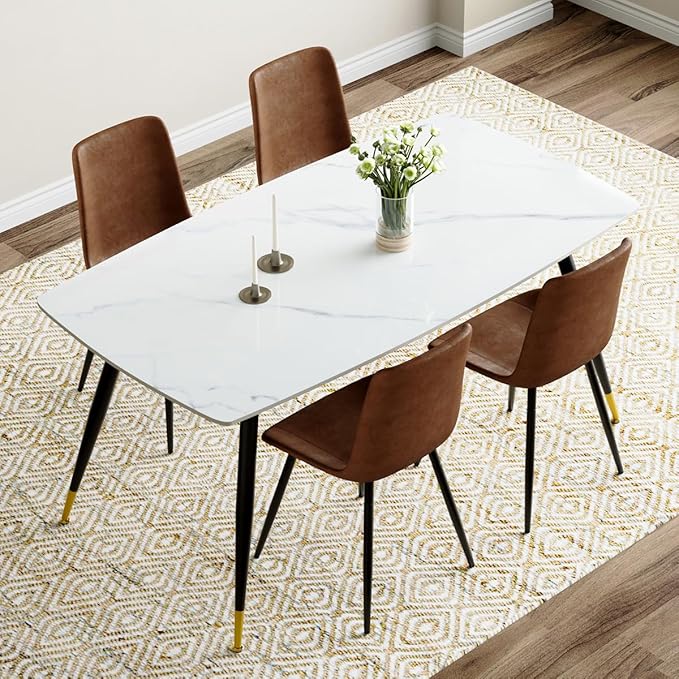 White Dining Table Set for 4, 62'' Dining Table Set for 4, Sintered Stone Dining Room Sets for 4, Easy to Assemble