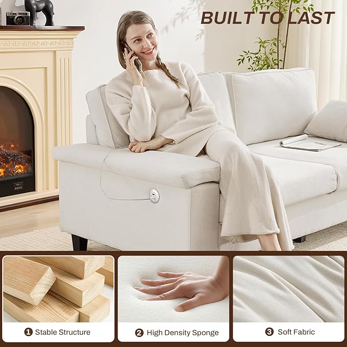 3 Seater Couch for Living Room, 79'' Comfy Deep Seat Sofa with Adjustable Armrests & USB/Type-C Charging Ports, Mid Century Modern Couch for Bedroom, Home Office, White