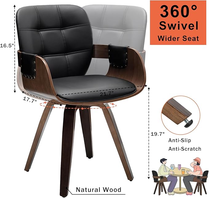 Set of 1 Mid Century Modern Chair - Swivel Dining Chair with Arms and Curved Back, Faux Leather Reception Room Chairs, Ideal for Kitchen/Living Room/Reception/Desk (Walnut Black, Set of 1)