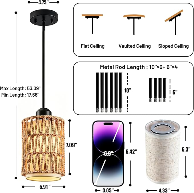 Pendant Lights for Kitchen Island, 3-in-1 Upgrade Larger Rattan Hanging Light Shade with Linen Shade, Adjustable Height Boho Hanging Lamp Fixture for Dining Room, Farmhouse, Bedroom (2 Pack)