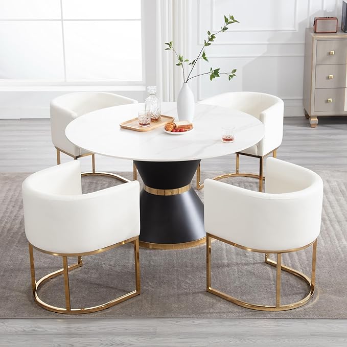 Faux Leather Dining Chairs Set of 4 Modern Barrel Arm Chairs with Golden Metal Frame, Upholstered 18.5" Wide Accent Chairs for Living Room, Dining Room, Restaurant, White