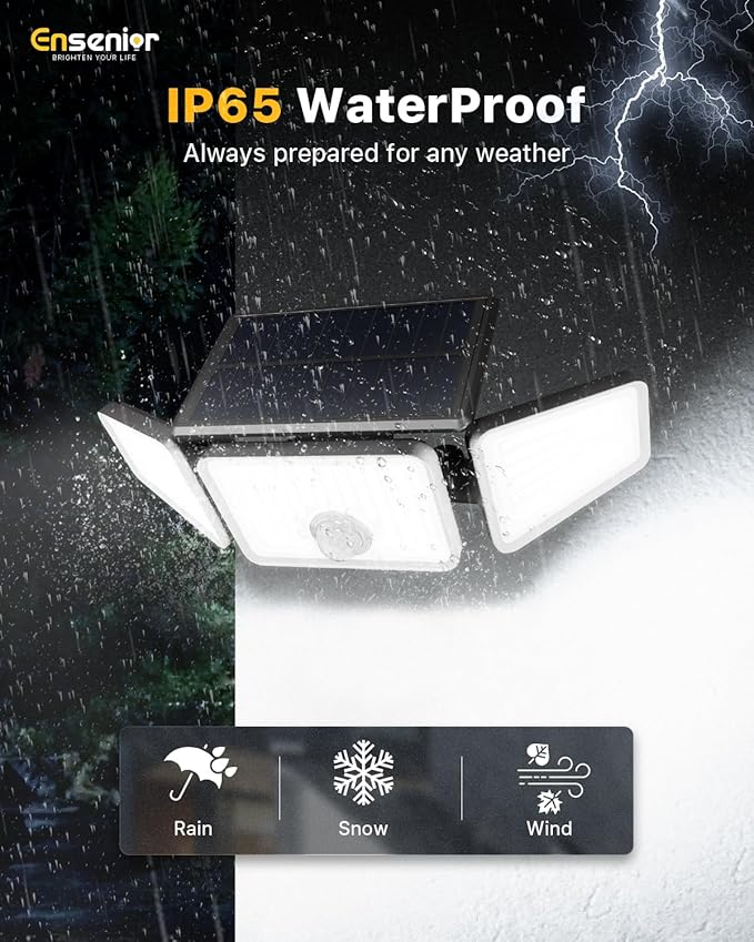 Ensenior Motion Sensor Outdoor Lights, 220 LED IP65 Waterproof Solar Security Light with Remote Control, 3 Heads Solar Flood Light Outdoor with 4 Modes, 270° Wide Angle Motion Light for Outside -2Pack