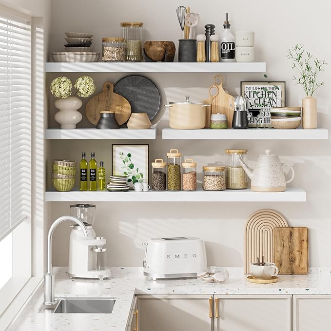 Heimlove 12" Deep White Floating Shelves for Wall, 24 Inch Shelf Bathroom Shelves Set of 2, Mounted Shelves for Books Living Room Laundry Room Bedroom Kitchen Home Office