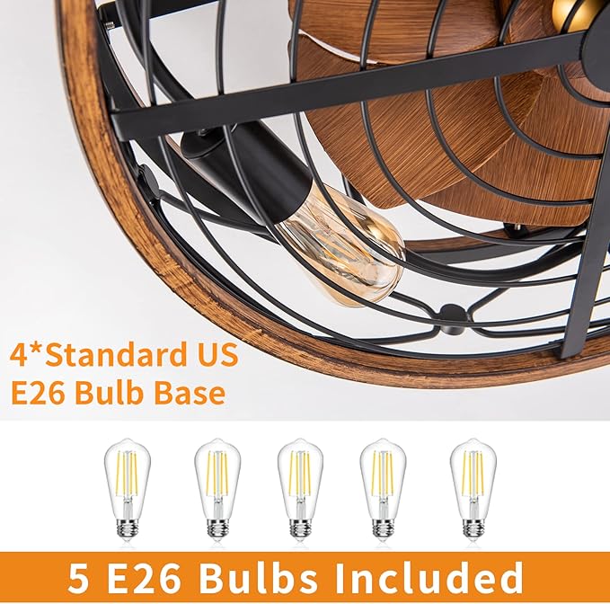 TIFEROR 20" Low Profile Caged Ceiling Fans with Lights and Remote, Farmhouse Flush Mount Ceiling Fan with 3 Speeds Reversible Motor, for Kitchen, Bedroom (Bulbs Included)