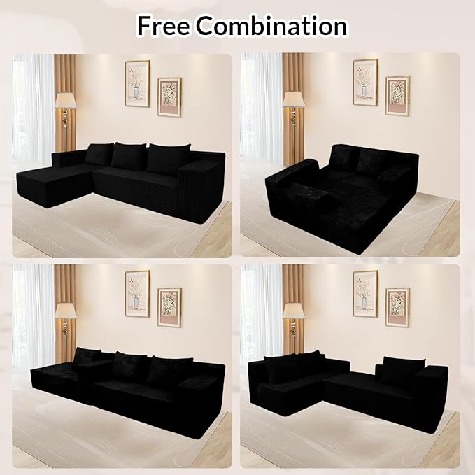 ANONER 103" L-Shaped Cloud Couch with Chaise, Modular Sectional Corner Sofa with Deep Seat, Modern Minimalist Boneless Couch, Free Combination Couches for Apartment (Black)