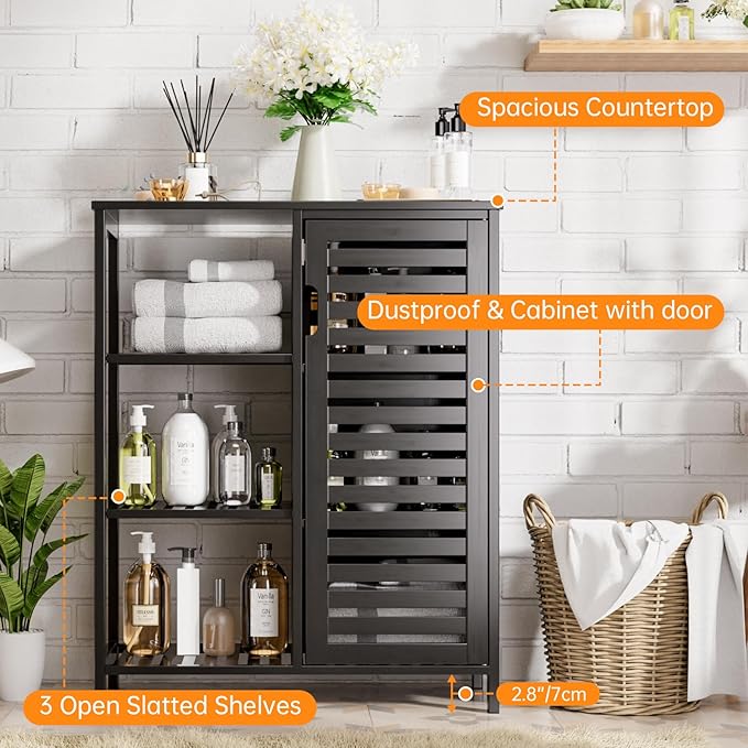 HITNET Black Bathroom Cabinet, Freestanding Storage Cabinet Bamboo Kitchen Floor Cupboard with Door and Shelf, Space Saving Side Storage Organizer for Living Room Bedroom Home Office
