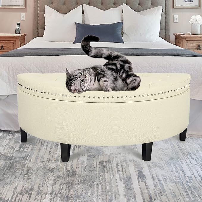 Homebeez 43" Half Moon Storage Ottoman, Button Tufted Bedroom Benches for Entryway Living Room (Cream)