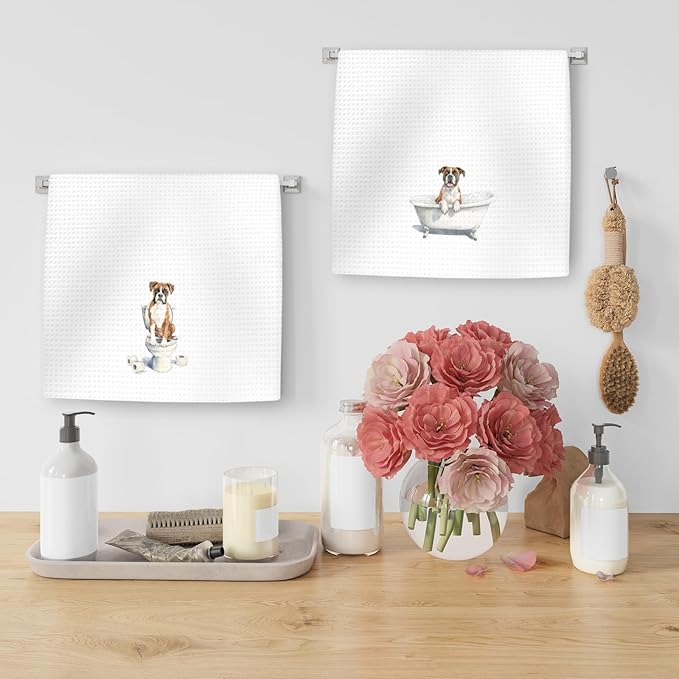 Funny Boxer Dog Hand Towels Set of 2, Cute Puppy Pet Decor for Bathroom, Gifts for Boxer Dog Owners Lovers, Funny Pet Lovers Gifts Toilet Hand Towels for Bathroom Washroom, 16x24In