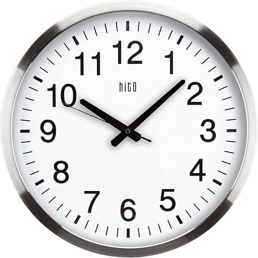 HITO 16" Silent Wall Clock Battery Operated Non Ticking Sweep Movement Glass Cover Silver Aluminum Frame, for Kitchen, Bedroom, Home Office, Living Room Decor