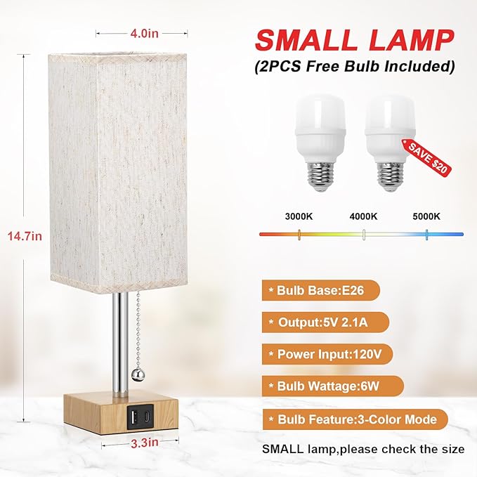 aooshine Wood Grain Bedside Table Lamps Set of 2 - Bedroom Lamps with 3 Color Temperatures (3000K/5000K/4000K), Square Nightstand Lamp with USB C + A Charging Ports