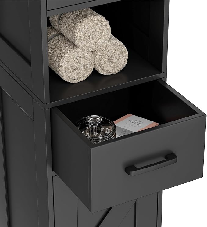 Homhedy 67" H Tall Bathroom Storage Cabinet with 2 Barn Doors and 1 Drawer, Narrow Storage Unit, Adjustable Shelves, Floor Cabinet for Bathroom, Living Room, Entryway, Kitchen, Black, (11.8" W)