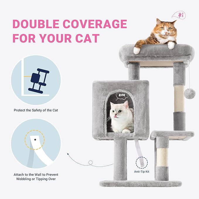 Allewie 29 Inches Cat Tree Tower/Plush Perches Platform/Condo/House/Sisal Scratching Posts/Multi-Level Activity Center Furniture for Kittens/Grey