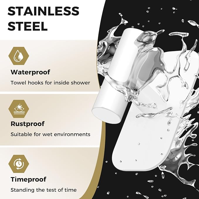 Adhesive Towel Hooks for Shower,Waterproof Heavy Duty Bathroom Hooks,Wall Mounted Sticky Hangers for Coats/Aprons/Robes,No Drilling(White,4 Pack)