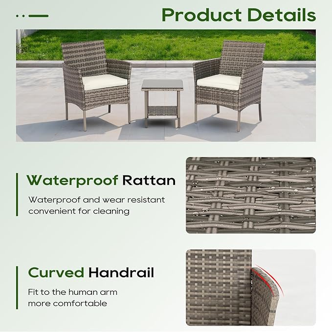FDW | 3-Piece Patio Furniture Set | Gray & Khaki | Outdoor Wicker Furniture with Coffee Table | Modern Rattan Chairs Conversation Set | Outdoor Seating | Weather-Resistant | for Porch, Garden, Lawn