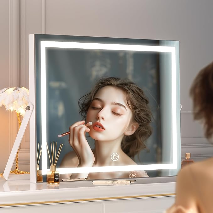 Hasipu Vanity Mirror with Lights, 17.7" x 13.8" LED Makeup Mirror with 10X Magnification, Smart Touch 3 Colors Dimmable, Brightness Adjustment, 360° Rotation, White