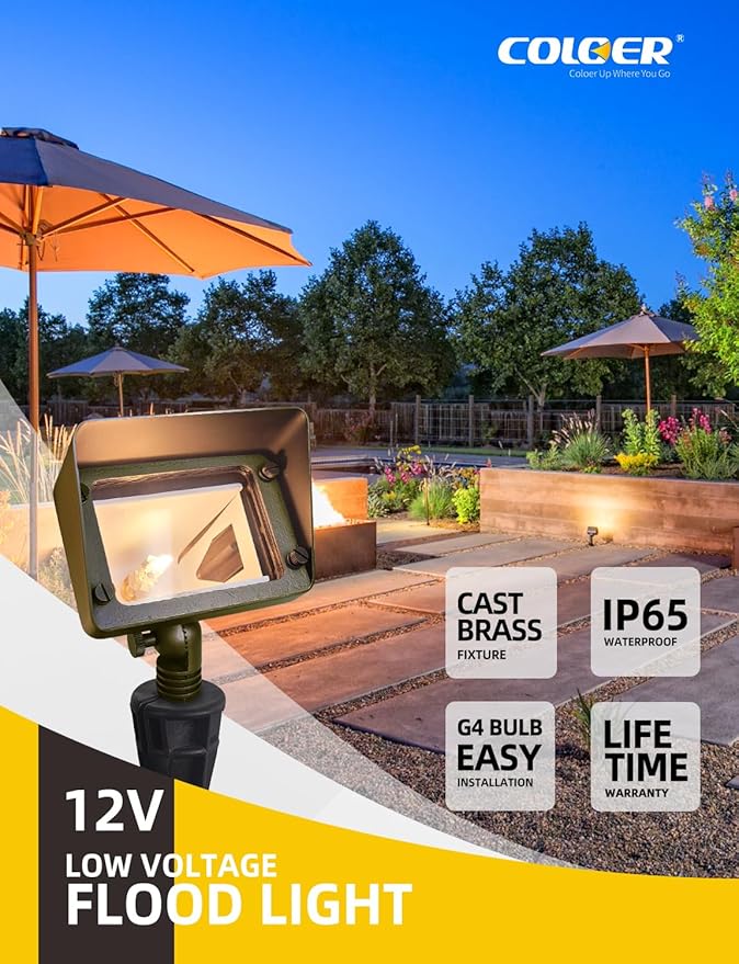 COLOER Brass Rectangular Flood Lights 6 Pack with 4W 2700K LED G4 Bulb, 12V Low Voltage Landscape Floodlights for Outside, Outdoor Wall Lights Illuminating Signs, Walls and Plant Material