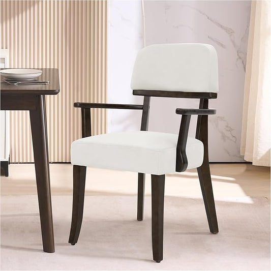 Modern Wood Dining Chairs with Arms, Velvet Upholstered Kitchen Chairs with Open Curved Backrest & Black Hardwood Legs, Accent Chairs 350 LBS Capacity, White