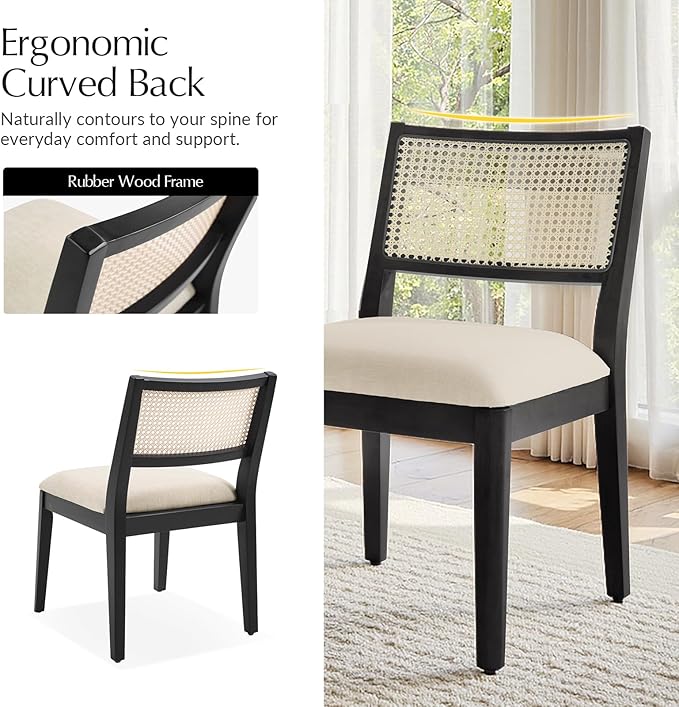 HULALA HOME Rattan Dining Chairs Set of 4, French Solid Wood Kitchen Dining Room Chairs with Curved Back, Upholstered Accent Dinner Cane Chair for Living Room Restaurant, Black