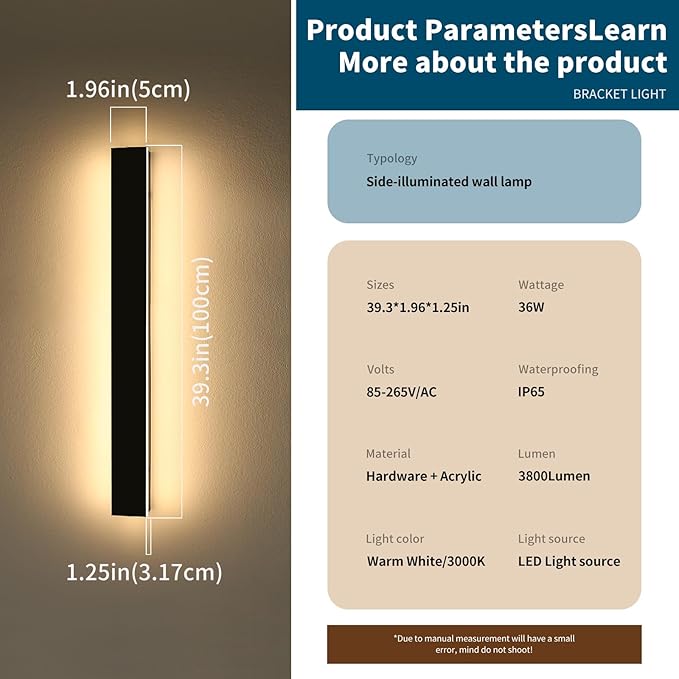 2 Pack 39.3inch Exterior Wall Light Fixture, Long Outdoor Modern Led Wall Lights, 3000K Warm White, 36W, IP65 Waterproof Linear Outside Porch Lighting for House, Garage, Fence, Garden