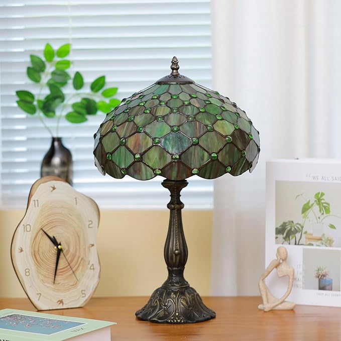 Tiffany Lamps Brownish Green Beads Style Stained Glass Table Lamp Desk Bedside Reading Light 12X12X18.5 Inches with Bronze Resin Base Applicable to Bedroom Living Room Office