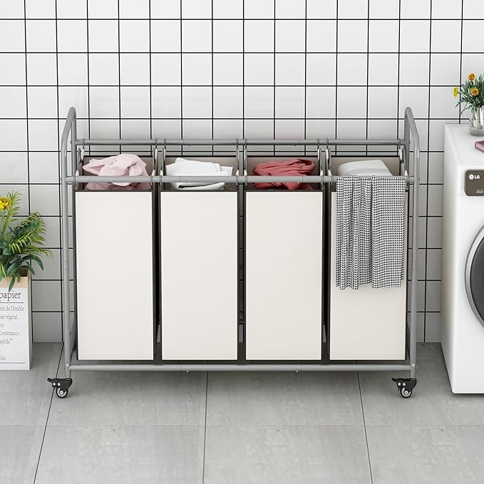 Laundry Sorter 4 Section Hamper Sorter with Heavy Duty Lockable Rolling Wheels Removable Bags Basket Separator for Dirty Clothes Storage, Beige