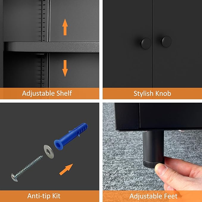 Metal Storage Cabinet with 2 Doors and Adjustable Shelf, Steel Accent Sideboard Buffet Cabinet for Home, Office, Garage, Entryway, Living Room, Kitchen Pantry and Dining Room (Black)