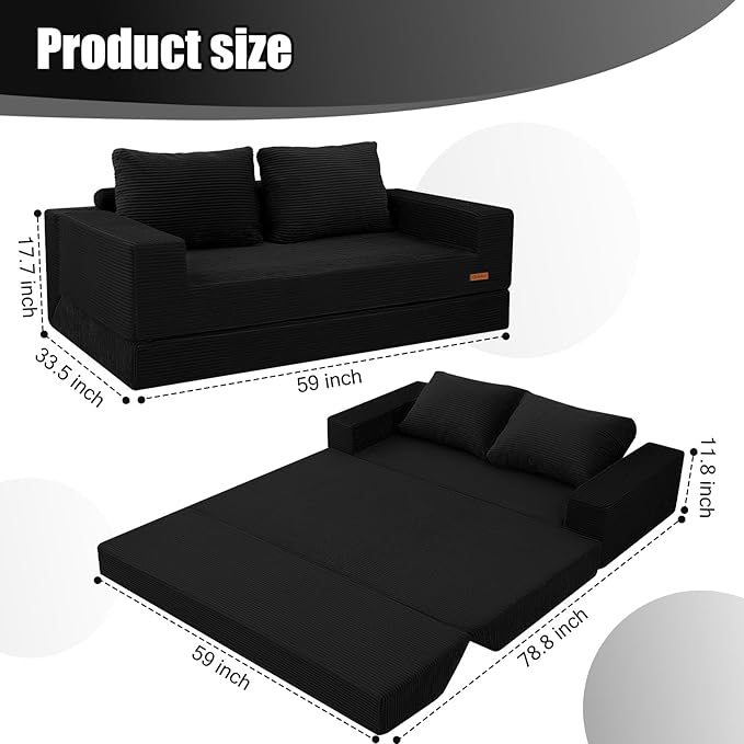 COMAX Convertible Sofa Bed Queen, Corduroy Folding Floor Couch Pull Out Couch Bed Futon Sleeper with Pillows, Fold Out Boneless Sofa Comfy Lounge Mattress Loveseat for Living Room Bedroom, Black