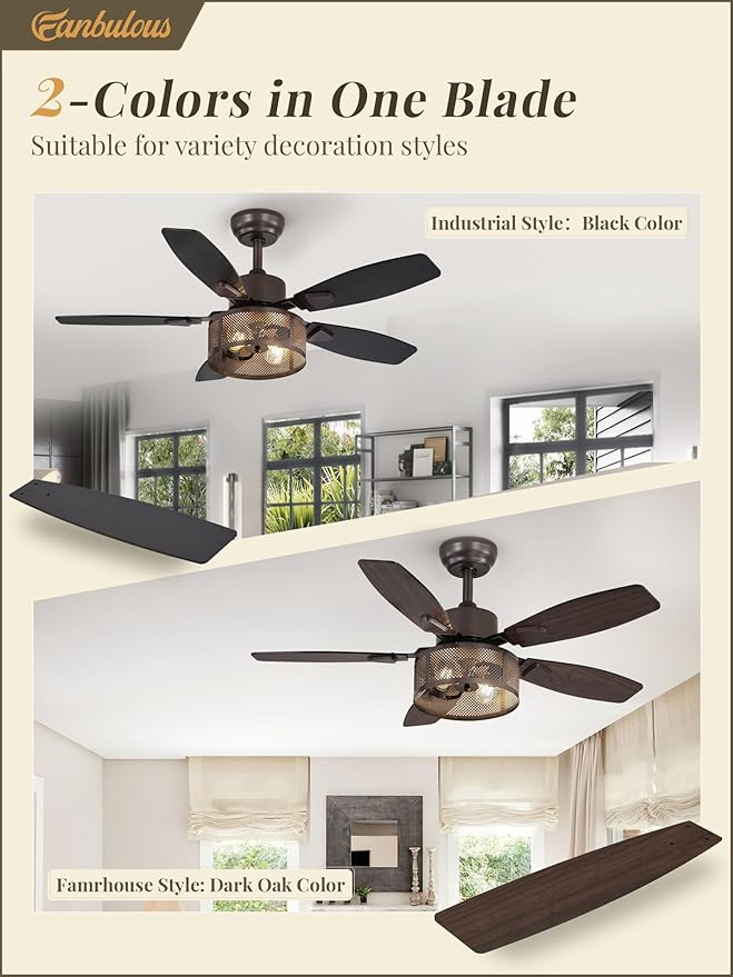 Farmhouse Oil Bronze Ceiling Fans with Lights and Remote, 42 Inch Bedroom Caged Ceiling Fans for Living Room Kitchen，6 Speed Reversible Quiet DC Motor, Dual Finish 5 Blades