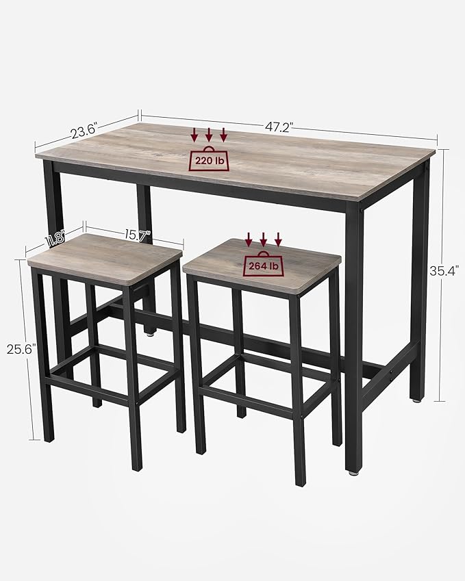VASAGLE Bar Table and Chairs Set, Rectangular Table with 2 Stools, Dining Pub Set for 2, Space Saving for Kitchen Breakfast, Living Room, Party Room, Greige and Black ULBT015B02