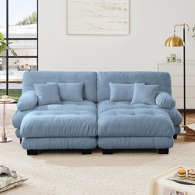 94.4" Loveseat Sofa, 2 Seater Modular Sectional Sofa, Blue Large U Shaped Sectional Couches for Living Room, Fluffy Chenille Fabric Cloud Couch with Ottoman