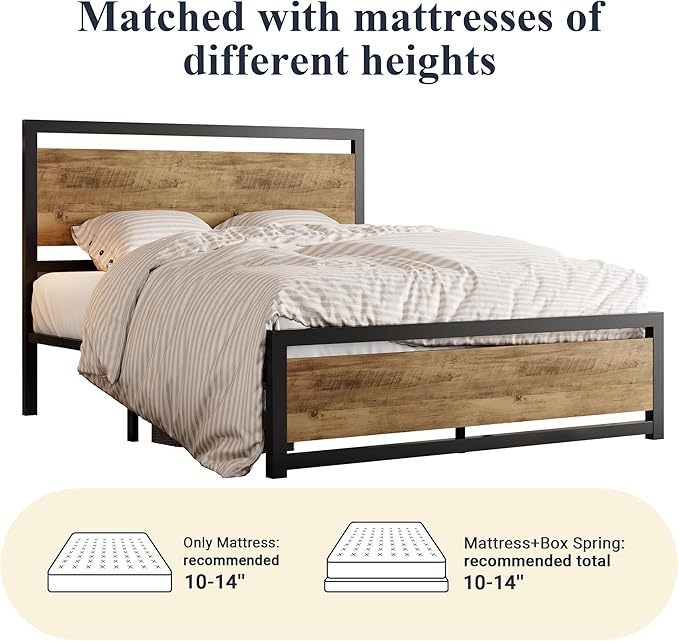 Allewie Full Bed Frame with Headboard, Heavy Duty Metal Platform Base with Strong Support, Underneath Storage Space, Stable Mattress Foundation, No Box Spring Needed, Brown